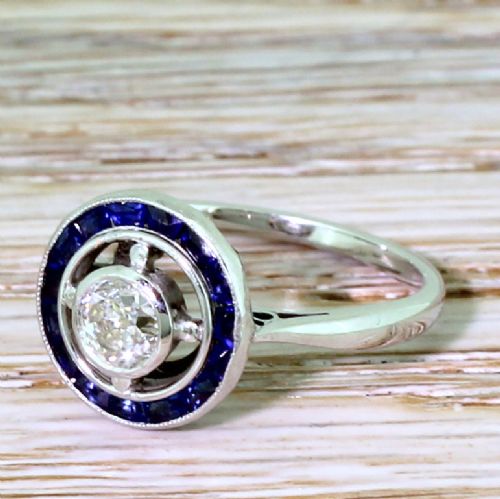 Art Deco 0.42 Carat Old Cut Diamond & Sapphire Target Ring, French, Circa 1935

