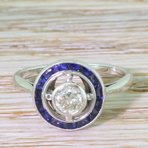 fig 1. Art Deco 0.42 Carat Old Cut Diamond & Sapphire Target Ring, French, circa 1935
