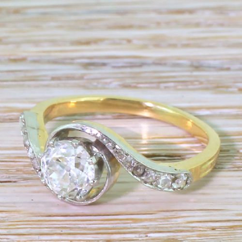 Art Deco 0.89 Carat Old Cut Diamond Swirl Ring, French, Circa 1930
