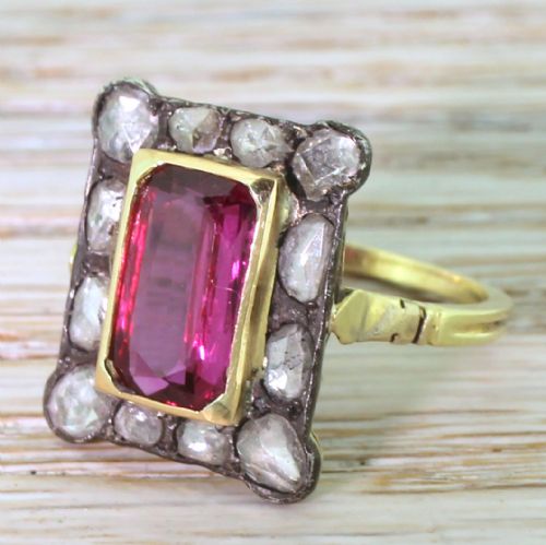 Victorian 2.50 Carat Ruby & Rose Cut Diamond Cluster Ring, Circa 1890

