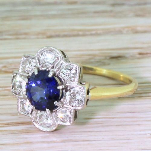 Art Deco 1.26 Carat Sapphire & Old Cut Diamond Cluster Ring, Circa 1930
