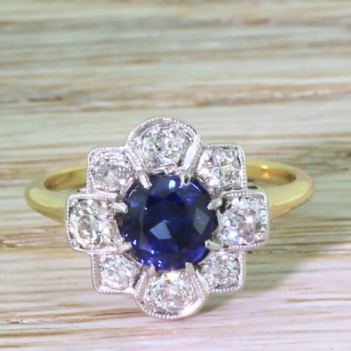 fig 1. Art Deco 1.26 Carat Sapphire & Old Cut Diamond Cluster Ring, circa 1930