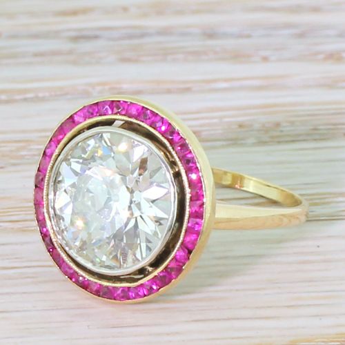 Art Deco 4.23 Carat Old Cut Diamond & Ruby Target Ring, French, Circa 1940
