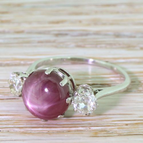 Art Deco 3.79 Carat Star Ruby & Old Cut Diamond Trilogy Ring, Circa 1930
