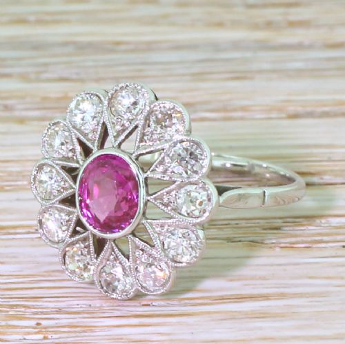 Art Deco 1.00 Carat Pink Sapphire & Old Cut Diamond Cluster Ring, Circa 1940
