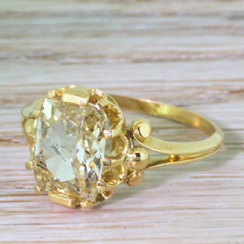 Edwardian 3.04 Carat Light Yellow Old Cut Diamond Solitaire Ring, French, Circa 1905
