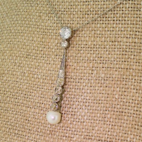 Art Deco Natural Pearl & 1.14 Carat Old Cut Diamond Pendant, Circa 1925
