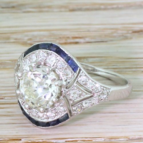 Art Deco 1.76 Carat Old Cut Diamond & Baguette Cut Sapphire Ring, Circa 1920
