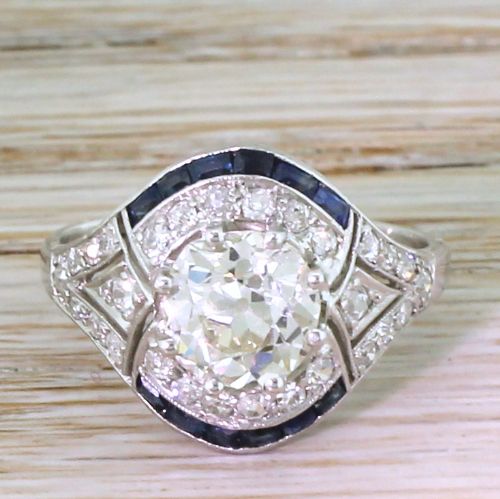 fig 1. Art Deco 1.76 Carat Old Cut Diamond & Baguette Cut Sapphire Ring, circa 1920