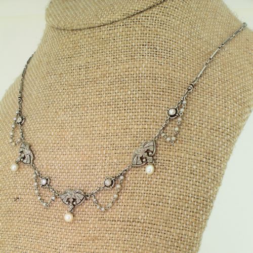Early 20th Century Natural Pearl & Diamond Platinum Necklace, French, Circa 1915
