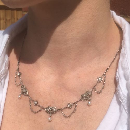 fig 1. Early 20th Century Natural Pearl & Diamond Platinum Necklace, French, circa 1915
