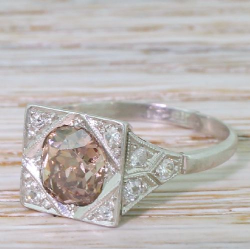 Art Deco 1.52 Carat Fancy Orangey Brown Old Cut Diamond Ring, Circa 1925
