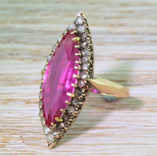 Victorian 5.43 Carat Marquise Cut Ruby & Rose Cut Diamond Navette Ring, Circa 1900
