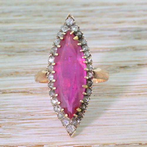 fig 1. Victorian 5.43 Carat Marquise Cut Ruby & Rose Cut Diamond Navette Ring, circa 1900
