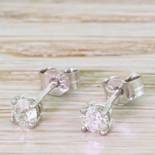 0.37 Carat Old Cut Diamond Stud Earrings, 18k White Gold
