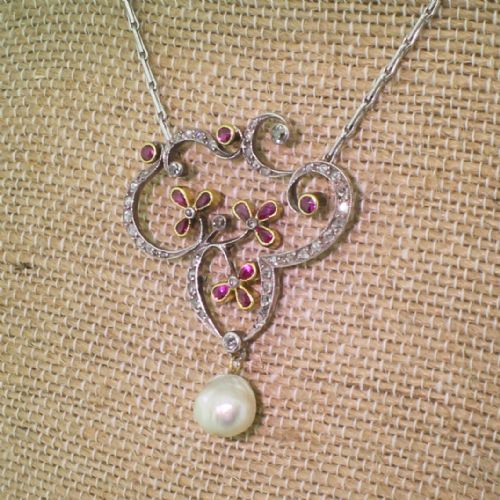 Art Nouveau Ruby, Diamond & Natural Pearl Pendant, Circa 1900
