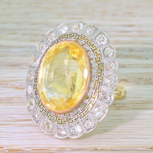Art Deco 21.57 Carat Ceylon Yellow Sapphire & Old Cut Diamond Ring, Circa 1935
