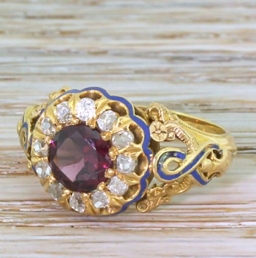 Victorian 1.19 Carat Garnet, Old Cut Diamond & Blue Enamel Cluster Ring, Circa 1870
