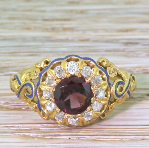 fig 1. Victorian 1.19 Carat Garnet, Old Cut Diamond & Blue Enamel Cluster Ring, circa 1870
