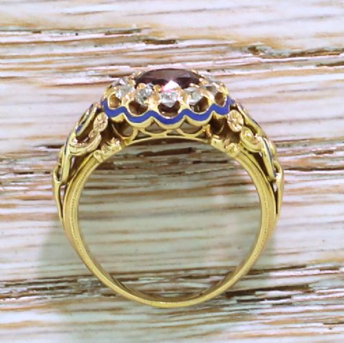fig 3. Victorian 1.19 Carat Garnet, Old Cut Diamond & Blue Enamel Cluster Ring, circa 1870
