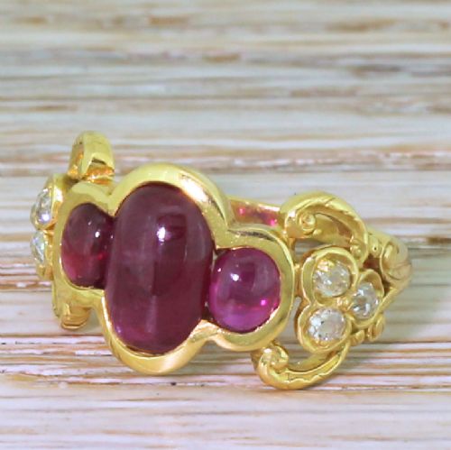 Edwardian 2.59 Carat Cabochon Ruby Trilogy Ring, Circa 1905

