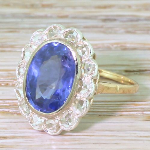 Art Nouveau 4.60 Carat Natural Ceylon Sapphire & Rose Cut Diamond Ring, French, Circa 1900
