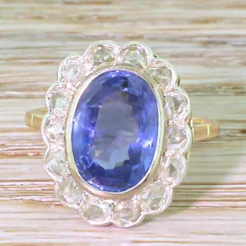 fig 1. Art Nouveau 4.60 Carat Natural Ceylon Sapphire & Rose Cut Diamond Ring, French, circa 1900
