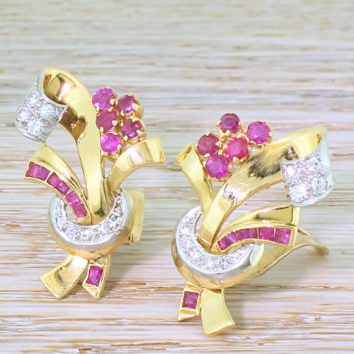 Retro 1.44 Carat Ruby & 0.40 Carat Diamond Earrings, Circa 1945

