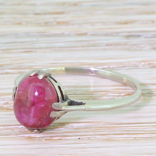 Art Deco 3.34 Carat Cabochon Natural Ruby Solitaire Ring, Circa 1925