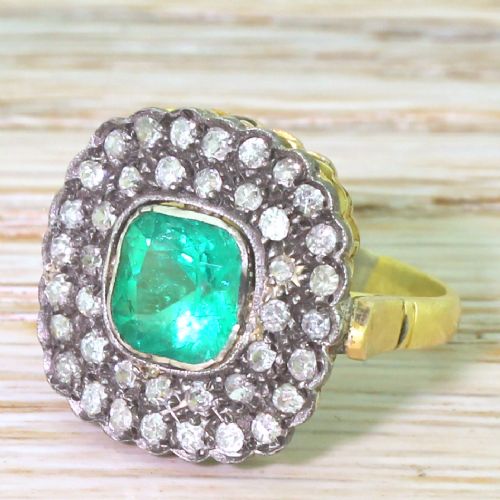 Victorian 1.46 Carat Colombian Emerald & Old Cut Diamond Cluster Ring, Circa 1890
