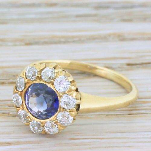 Art Deco 1.23 Carat Sapphire & Old Cut Diamond Cluster Ring, Circa 1935
