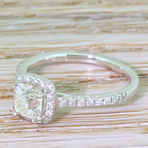 0.92 Carat Old Cushion Cut Diamond Halo Ring, Platinum
