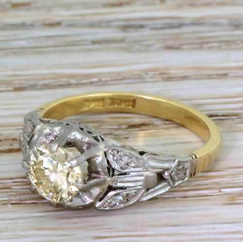 Art Deco 0.88 Carat Greenish Yellow Transitional Cut Diamond Engagement Ring, Circa 1930
