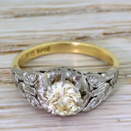 fig 1. Art Deco 0.88 Carat Greenish Yellow Transitional Cut Diamond Engagement Ring, circa 1930