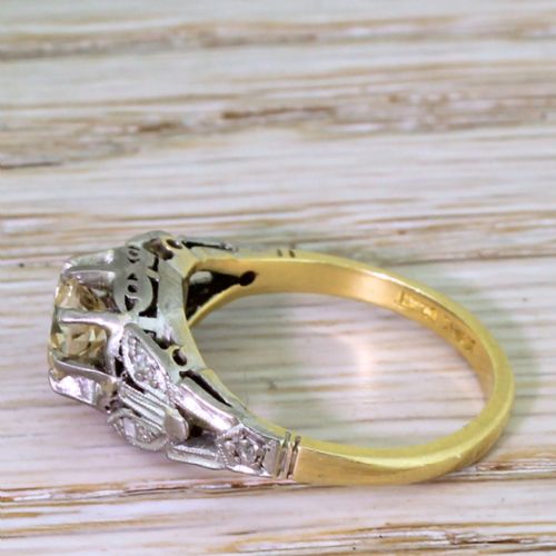 fig 2. Art Deco 0.88 Carat Greenish Yellow Transitional Cut Diamond Engagement Ring, circa 1930