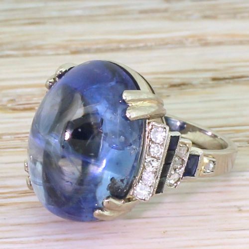 Art Deco 24.02 Carat Natural Ceylon Cabochon Sapphire Ring, Circa 1935
