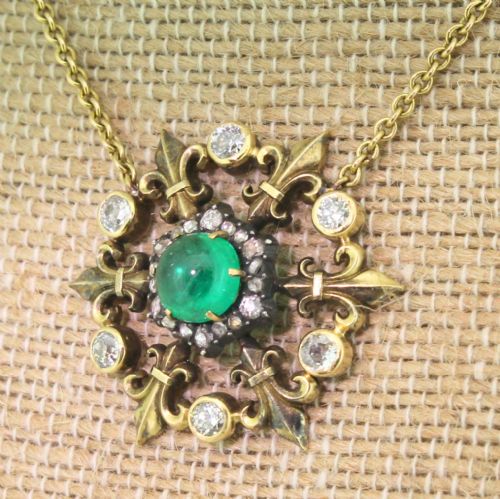 Victorian 1.88 Carat Cabochon Emerald & Diamond Pendant Necklace, Circa 1900
