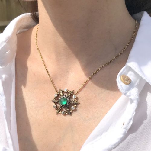 fig 1. Victorian 1.88 Carat Cabochon Emerald & Diamond Pendant Necklace, circa 1900