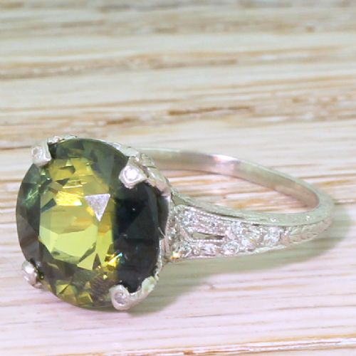 Edwardian 9.35 Carat Natural Yellow & Blue Sapphire Solitaire Ring, Circa 1910
