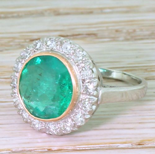 Art Deco 2.94 Carat Minor Oil Colombian Emerald & Diamond Cluster Ring, Circa 1940
