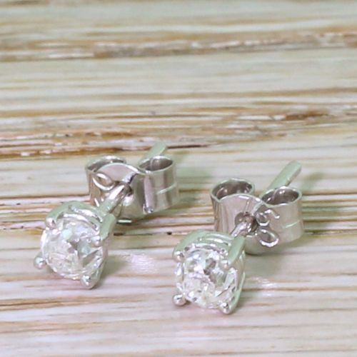 0.56 Carat Old Cut Diamond Stud Earrings, 18k White Gold
