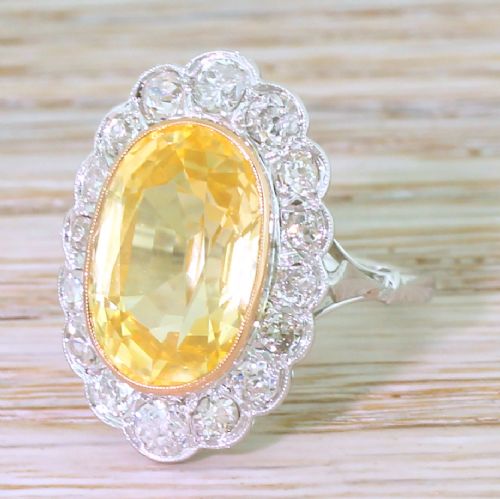 Art Deco 7.28 Carat Ceylon Yellow Sapphire & Old Cut Diamond Ring, Circa 1935
