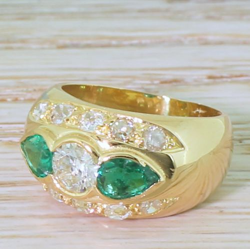 Retro 1.20 Carat Old Cut Diamond & 0.57 Carat Emerald Ring, 1950

