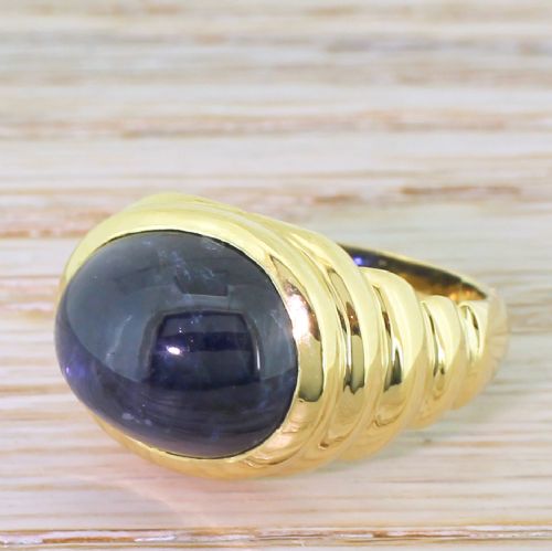 Retro 12.44 Carat Natural Cabochon Sapphire Solitaire Ring, French, 1950
