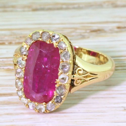 Victorian 2.29 Carat Ruby & Rose Cut Diamond Cluster Ring, Circa 1900
