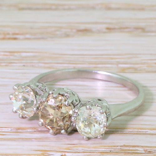 Art Deco 1.82 Carat Fancy Brown & White Old Cut Diamond Trilogy Ring, Circa 1920
