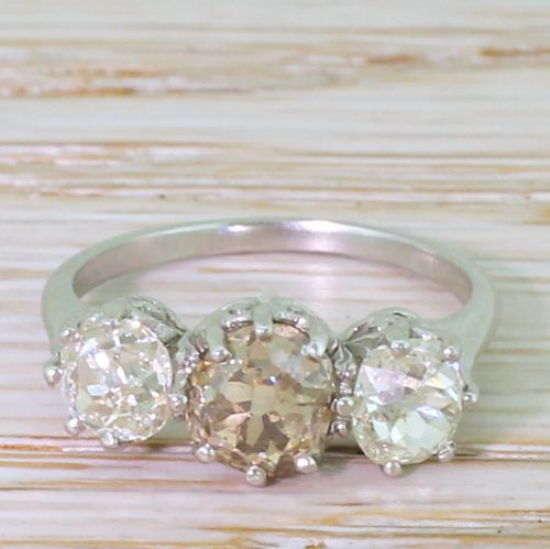 fig 1. Art Deco 1.82 Carat Fancy Brown & White Old Cut Diamond Trilogy Ring, circa 1920