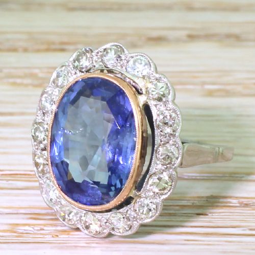 Art Deco 7.43 Carat Natural Ceylon Sapphire & Old Cut Diamond Ring, Circa 1935