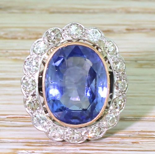 fig 1. Art Deco 7.43 Carat Natural Ceylon Sapphire & Old Cut Diamond Ring, circa 1935