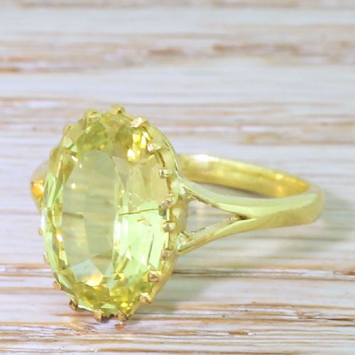 Art Deco 5.64 Carat Natural Yellow Chrysoberyl Solitaire Ring, Circa 1925
